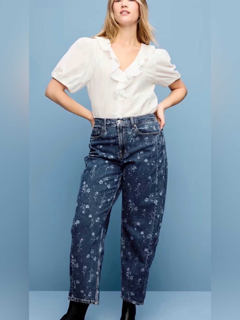 Old Navy Barrel Leg High-Rise Ankle Floral Print Denim